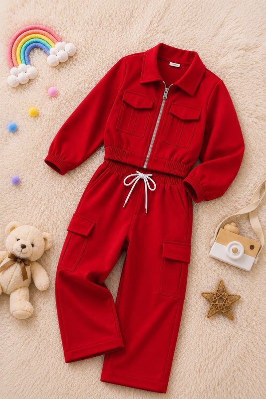 Baby Girl Trendy Cargo Winter Co Ord Set - Red