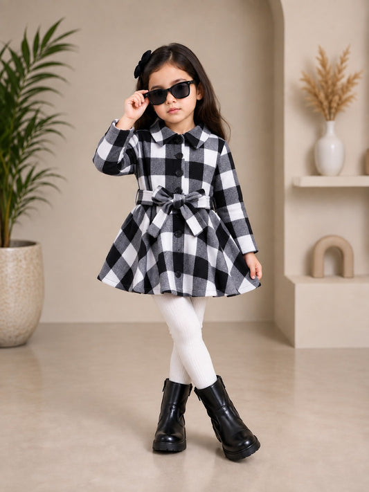 Baby Girls Winter Black & White Tartan Bow Dress