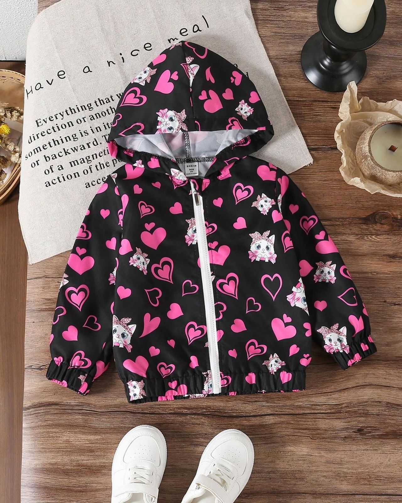 Baby boy new style black heart printed winter fleece zip up hoodie Shirtrangi