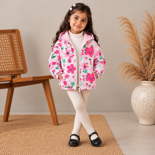 Baby girl multi floral printed style winter fleece zip-up hoodie - #Z-0087