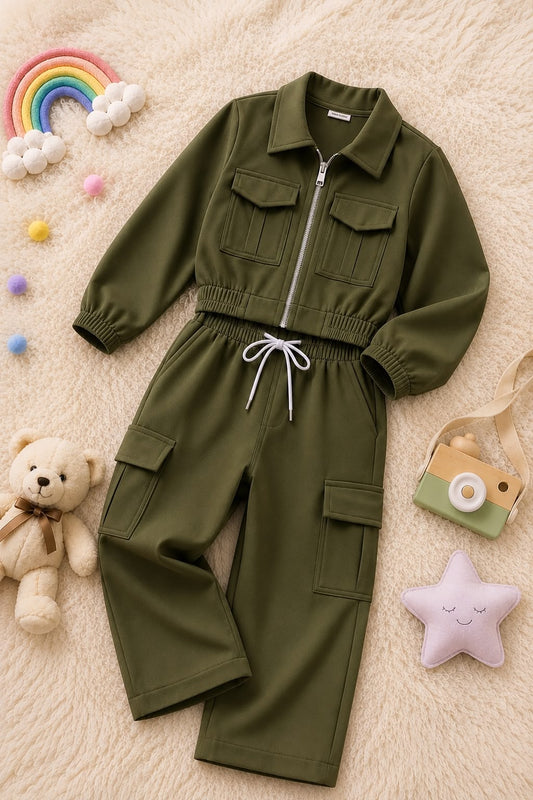 Baby Girl Trendy Cargo Winter Co Ord Set - Olive green